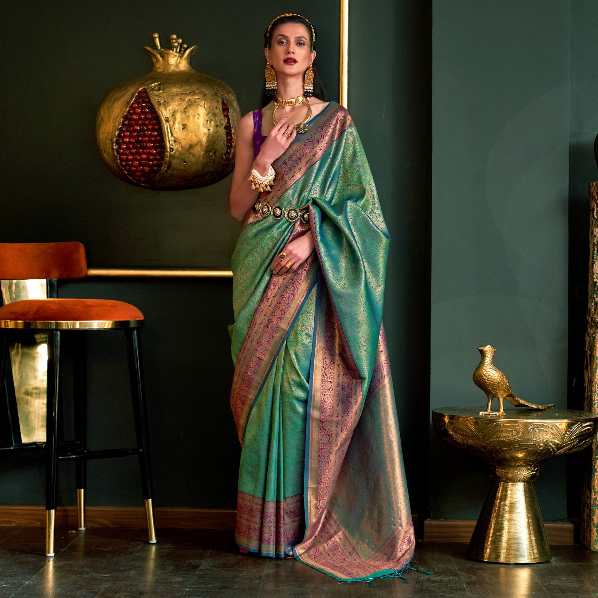 green-floral-woven-art-silk-saree-with-tassels-2