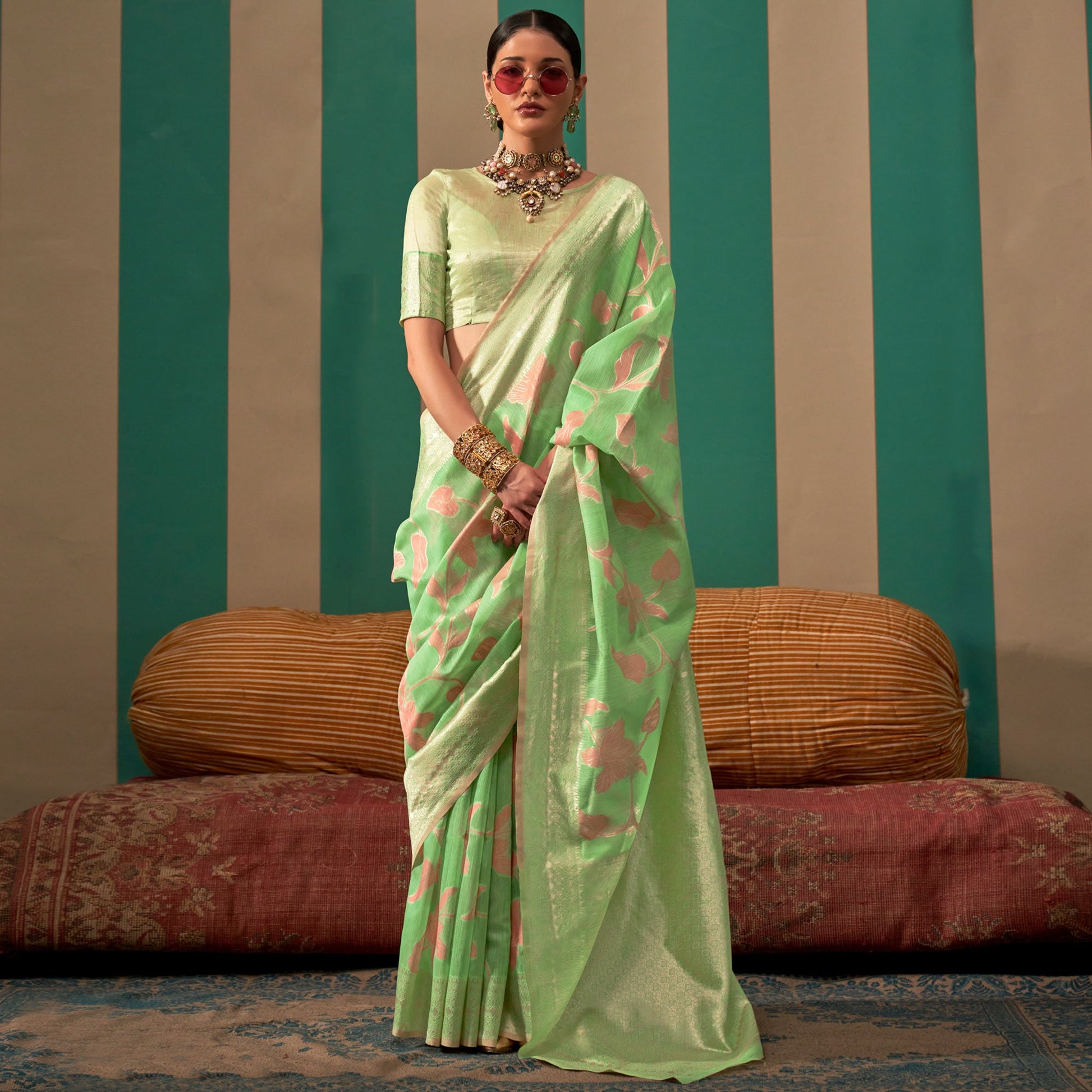 green-floral-woven-linen-saree-with-zari-work