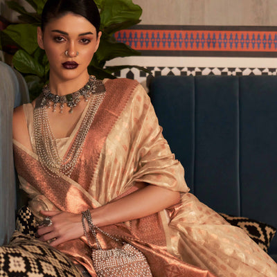 Cream Handloom Zari Woven Tissue Saree