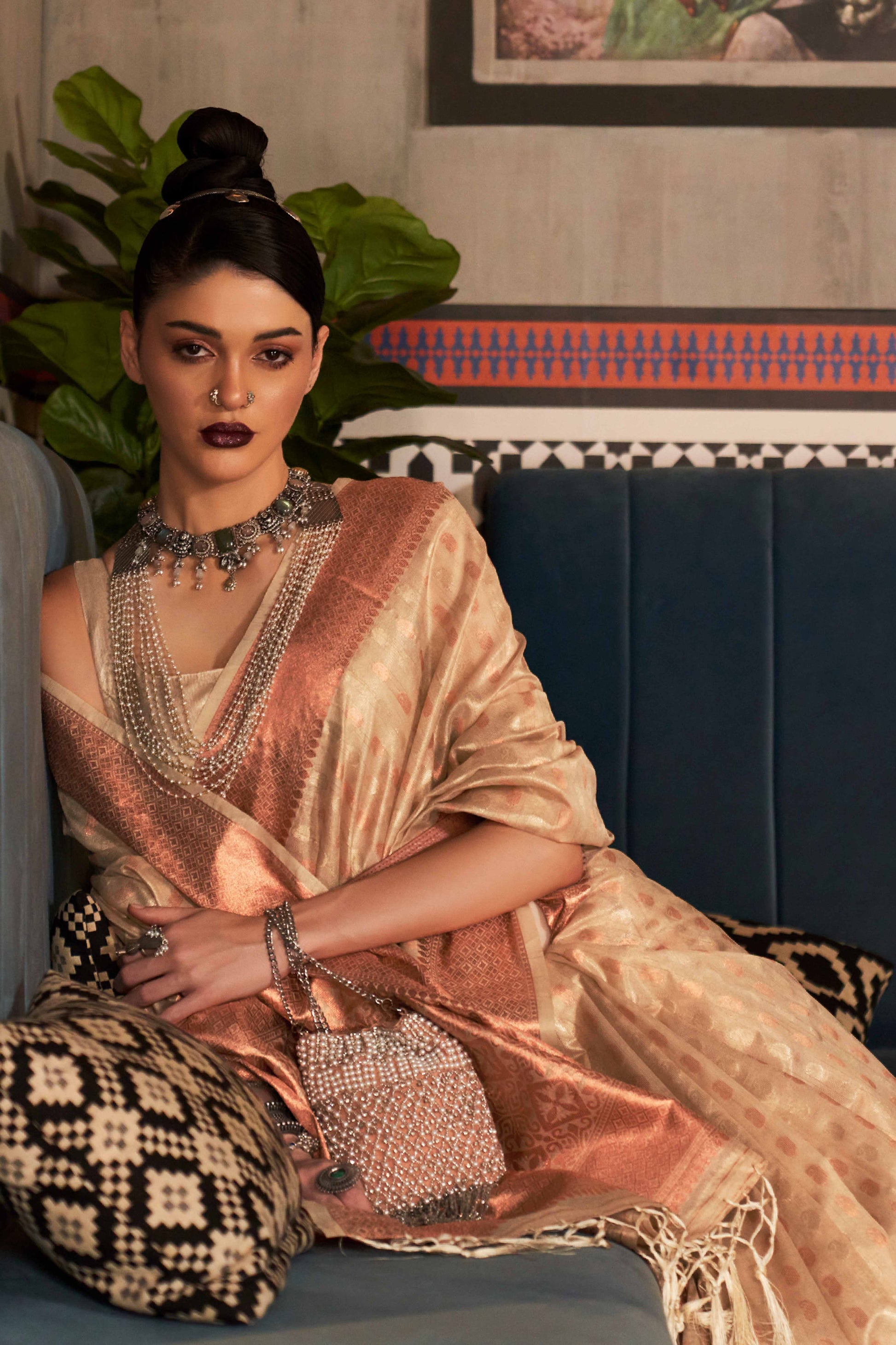 Cream Handloom Zari Woven Tissue Saree