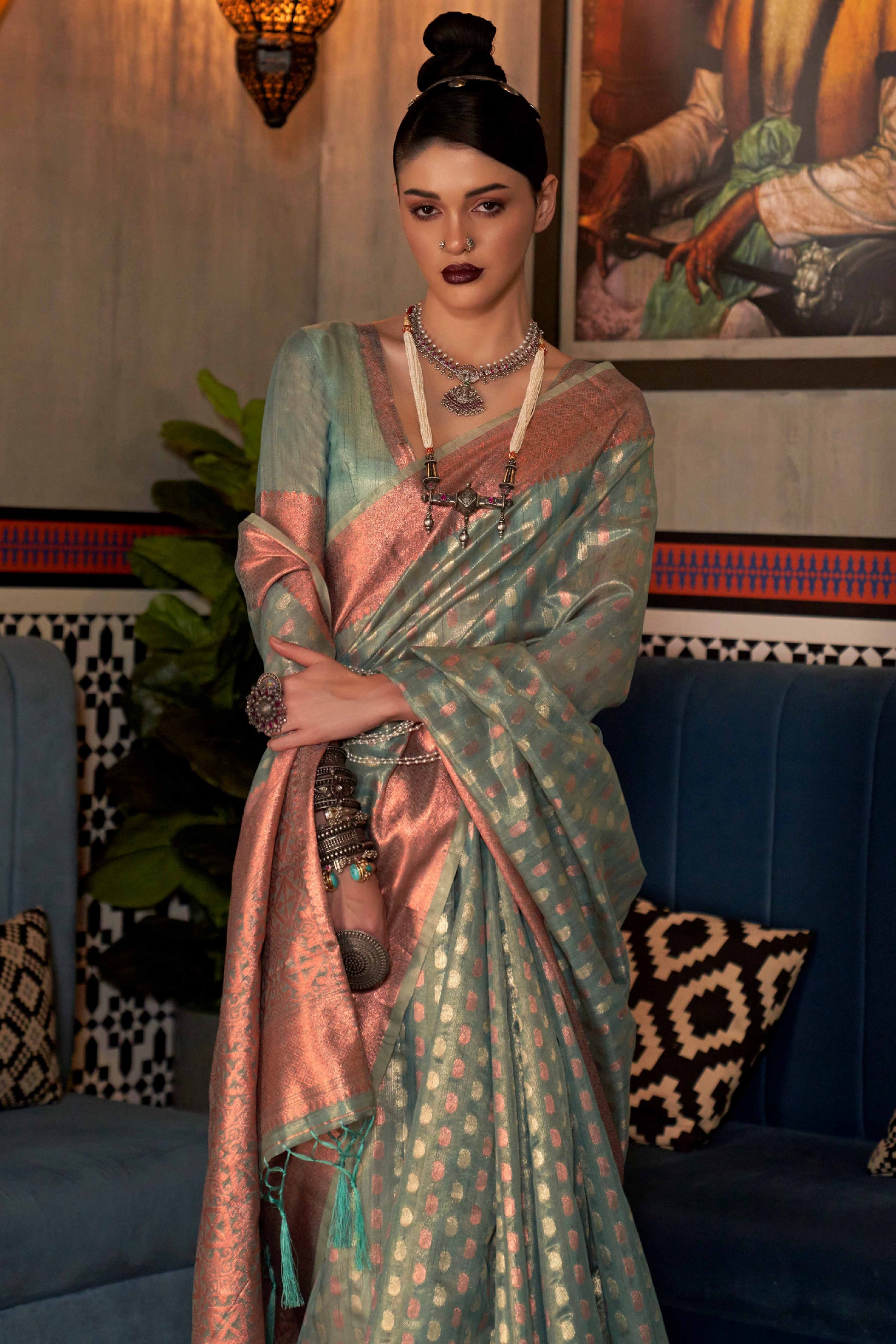 Light Blue Handloom Zari Woven Tissue Saree