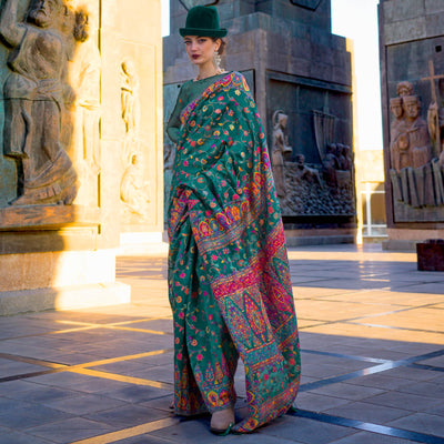 green-woven-kashmiri-organza-saree-with-tassels