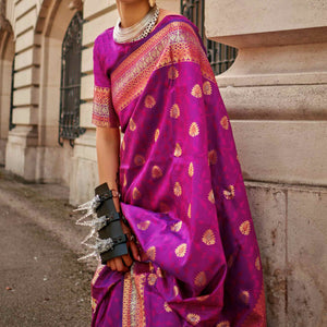 Magenta Floral Zari Work Woven Banarasi Silk Saree