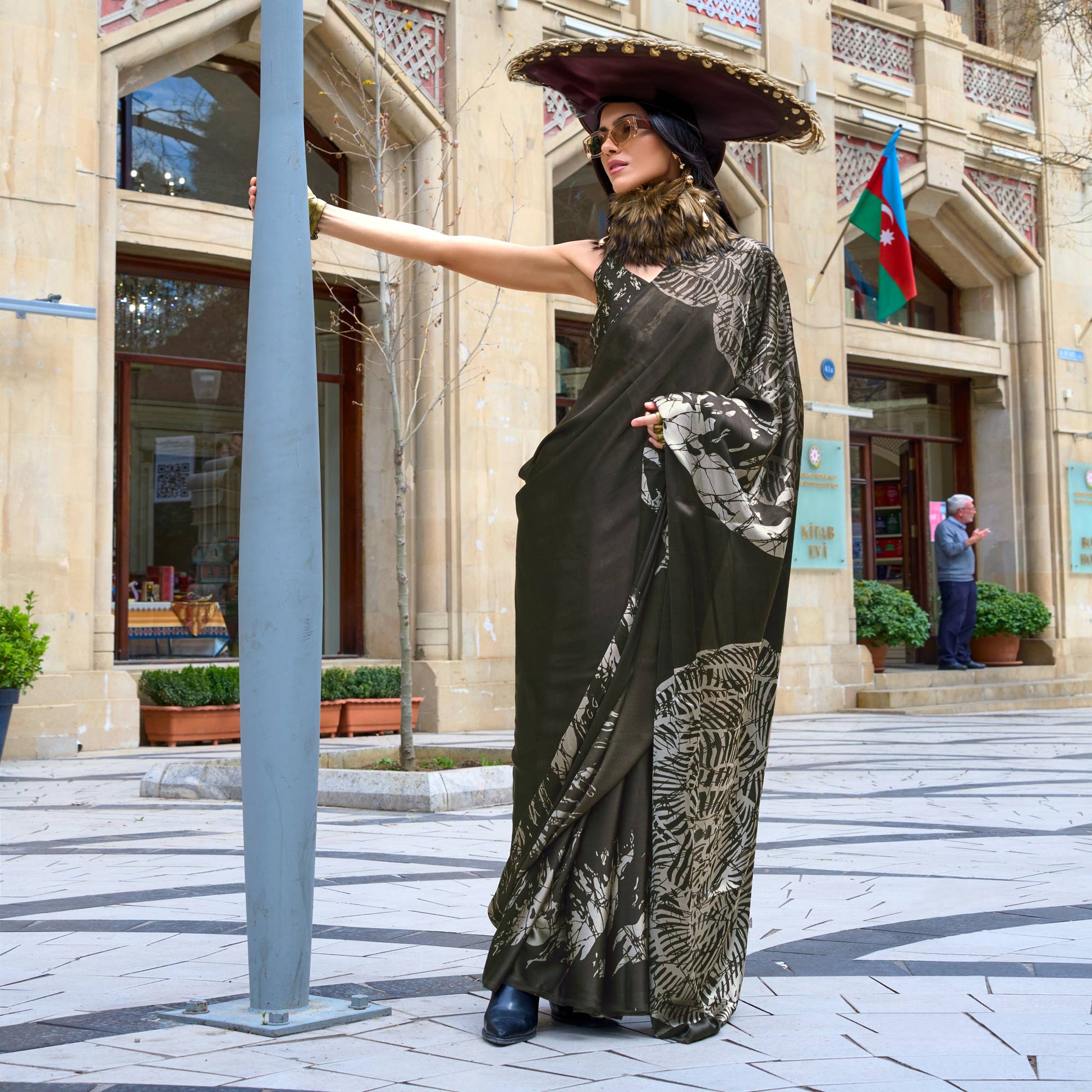 Dark Coffee Brown Contemporary Printed Satin Saree