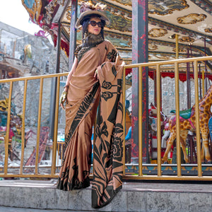 Brown & Black Contemporary Printed Satin Saree