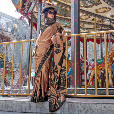 Brown & Black Contemporary Printed Satin Saree