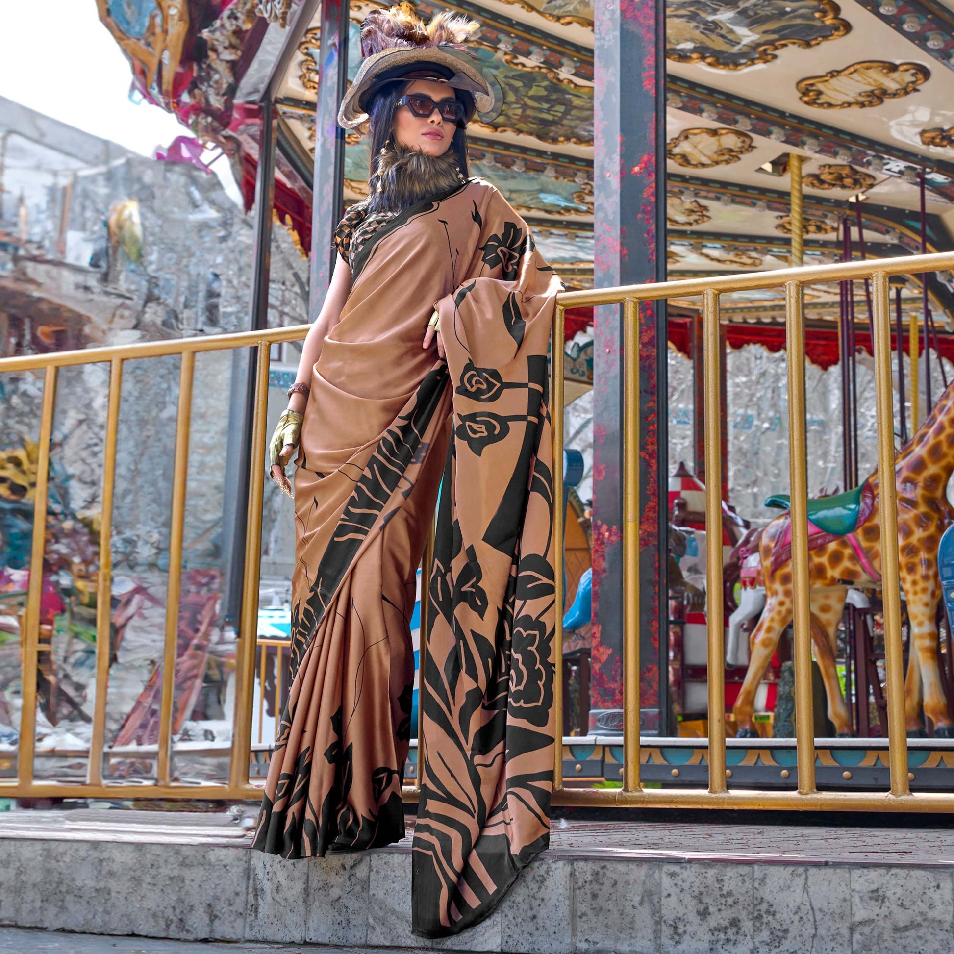 Brown & Black Contemporary Printed Satin Saree