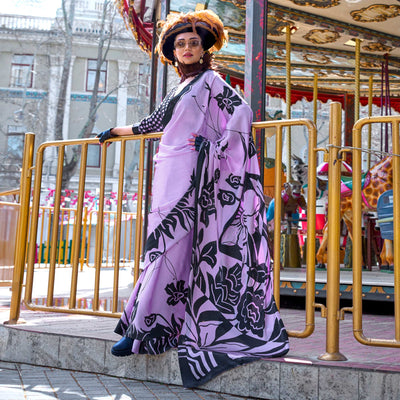 Lavender & Black Contemporary Printed Satin Saree