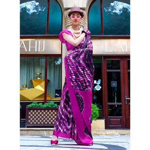 Magenta & Purple Contemporary Printed Satin Saree