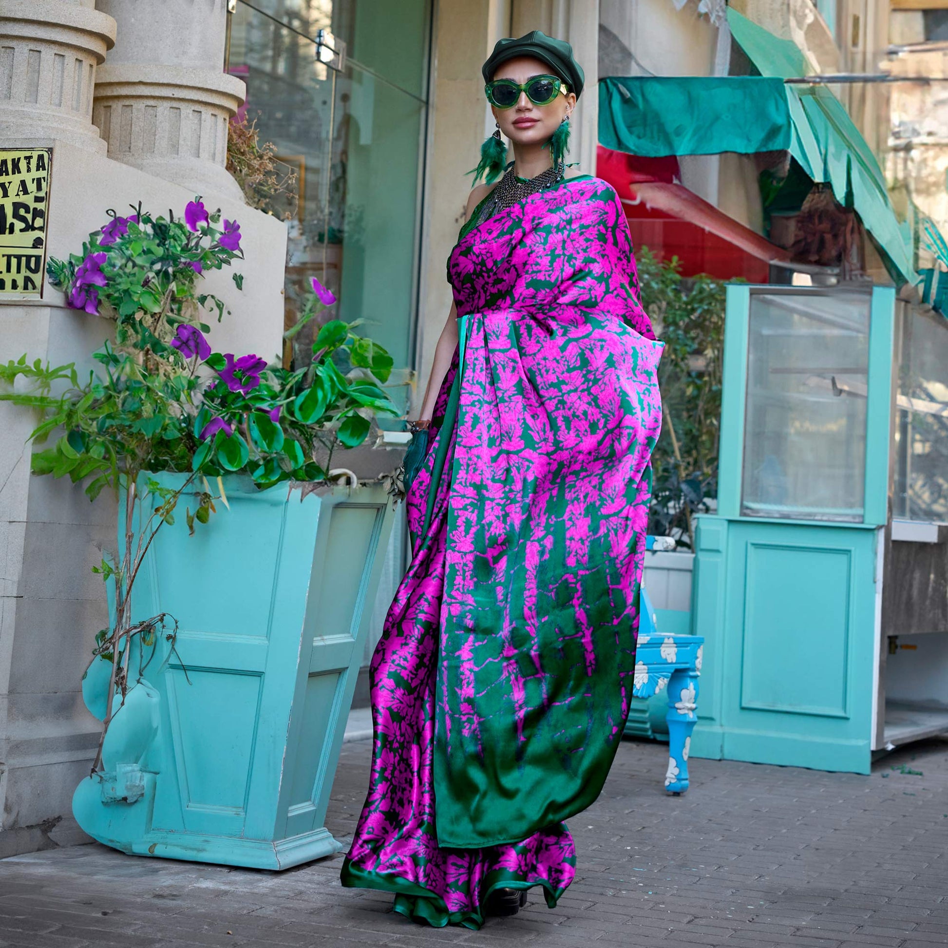 green-pink-contemporary-printed-satin-saree