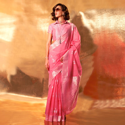 Gajri Pink Zari Woven Linen Saree