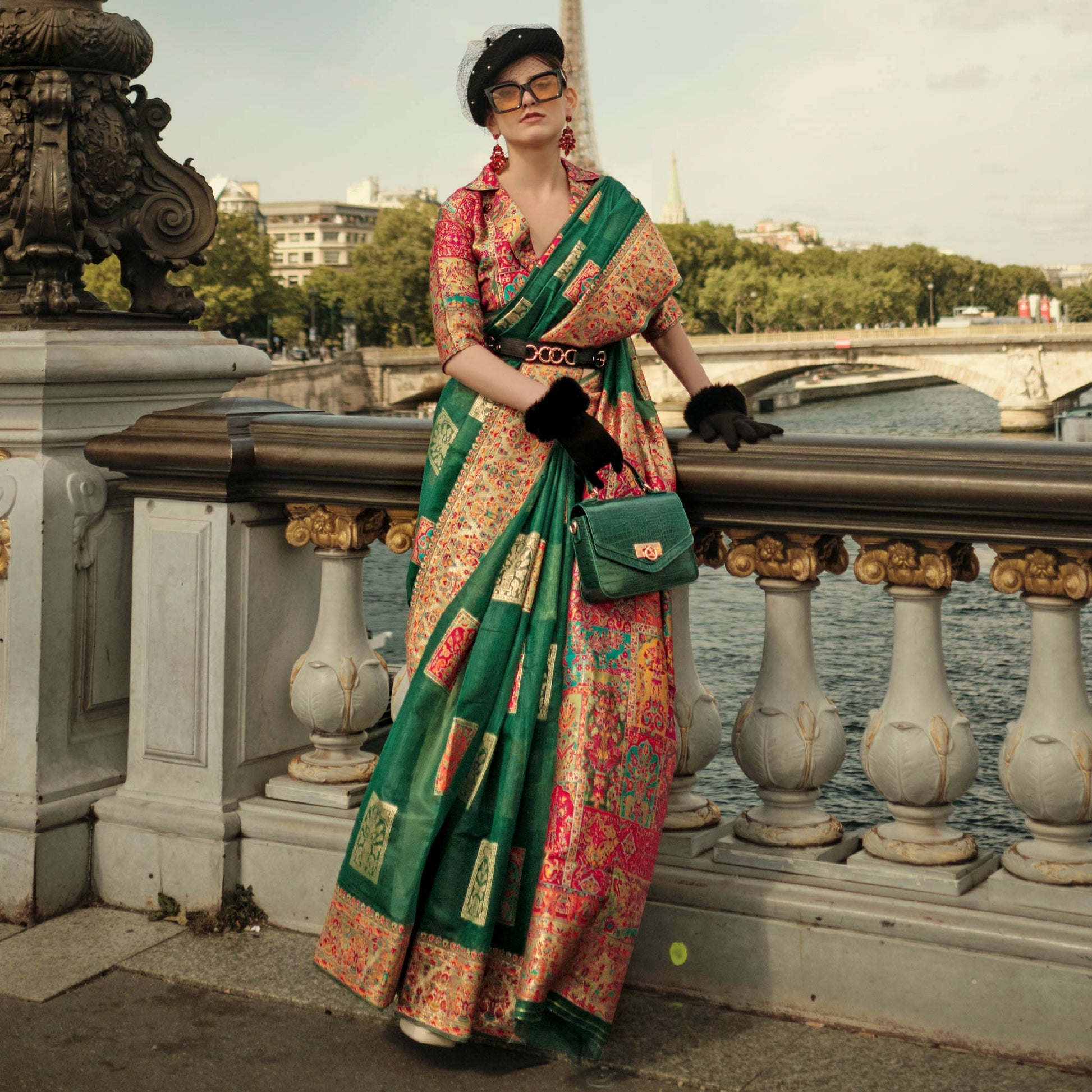 Dark Green Floral Embroidered Woven Chanderi Silk Saree