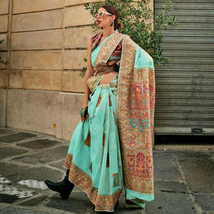 Light Turquoise Floral Embroidered Woven Chanderi Silk Saree