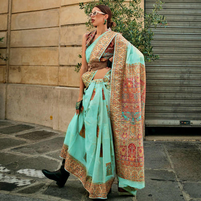 Light Turquoise Floral Embroidered Woven Chanderi Silk Saree