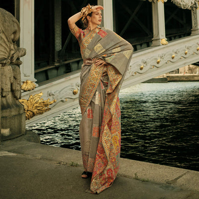 Brown Floral Embroidered Woven Chanderi Silk Saree