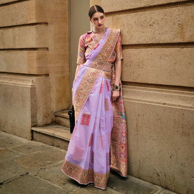 Lavender Floral Embroidered Woven Chanderi Silk Saree