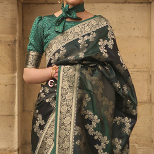 Bottle Green Floral Woven Satin Saree With Tassels