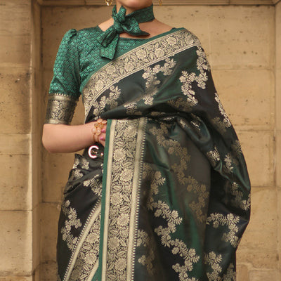 Bottle Green Floral Woven Satin Saree With Tassels