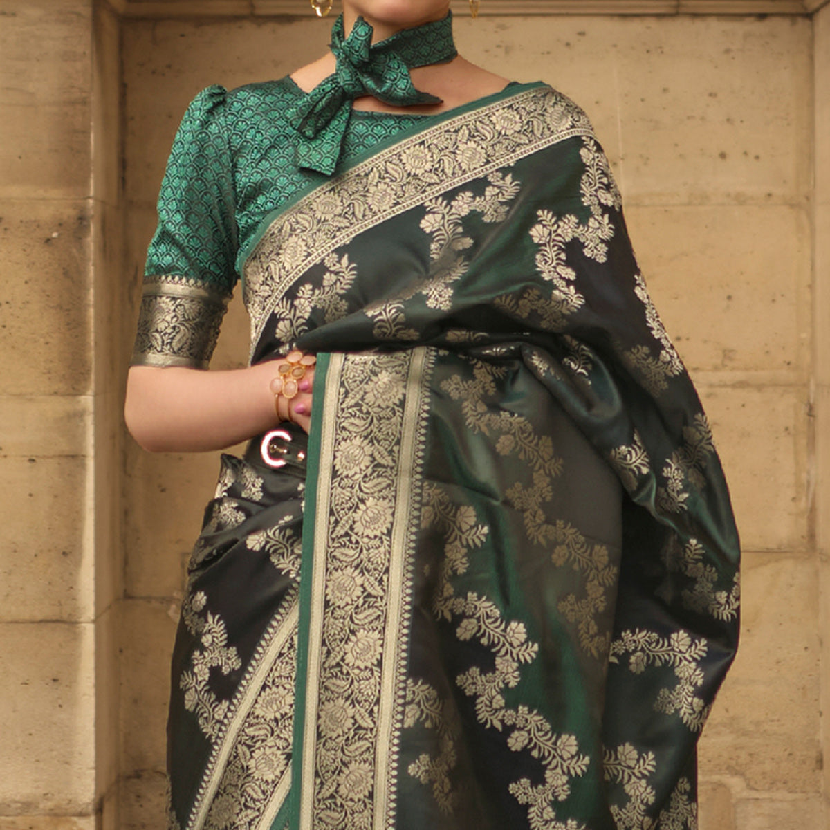 Bottle Green Floral Woven Satin Saree With Tassels