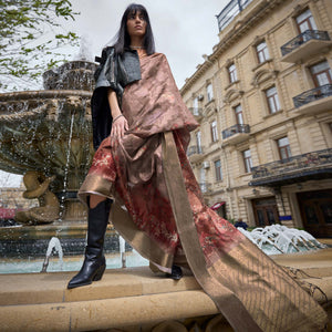 Brown Floral Woven Brasso Saree With Tassels