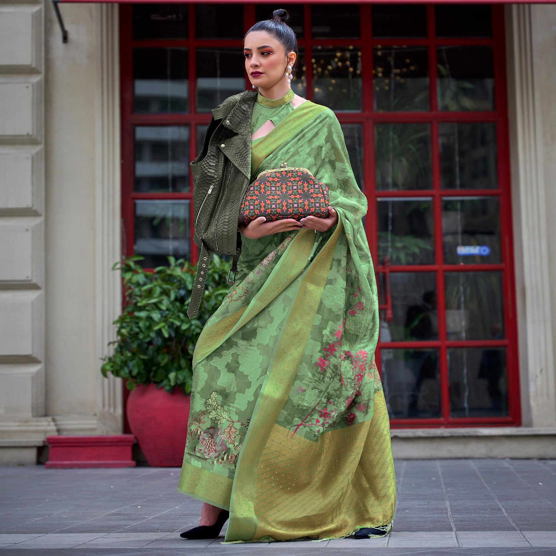Mehandi Green Floral Woven Brasso Saree With Tassels