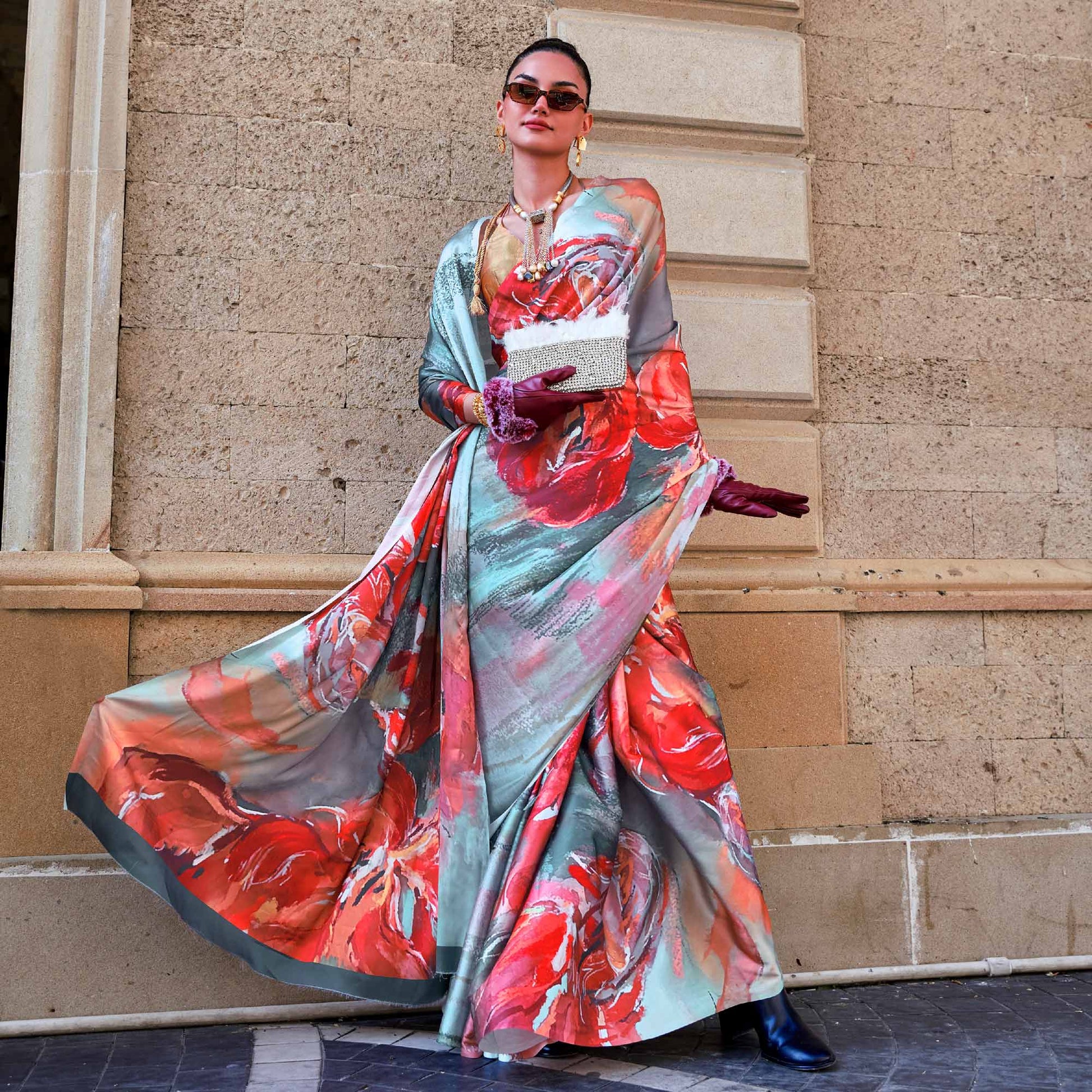 Multicolor Digital Printed Satin Saree