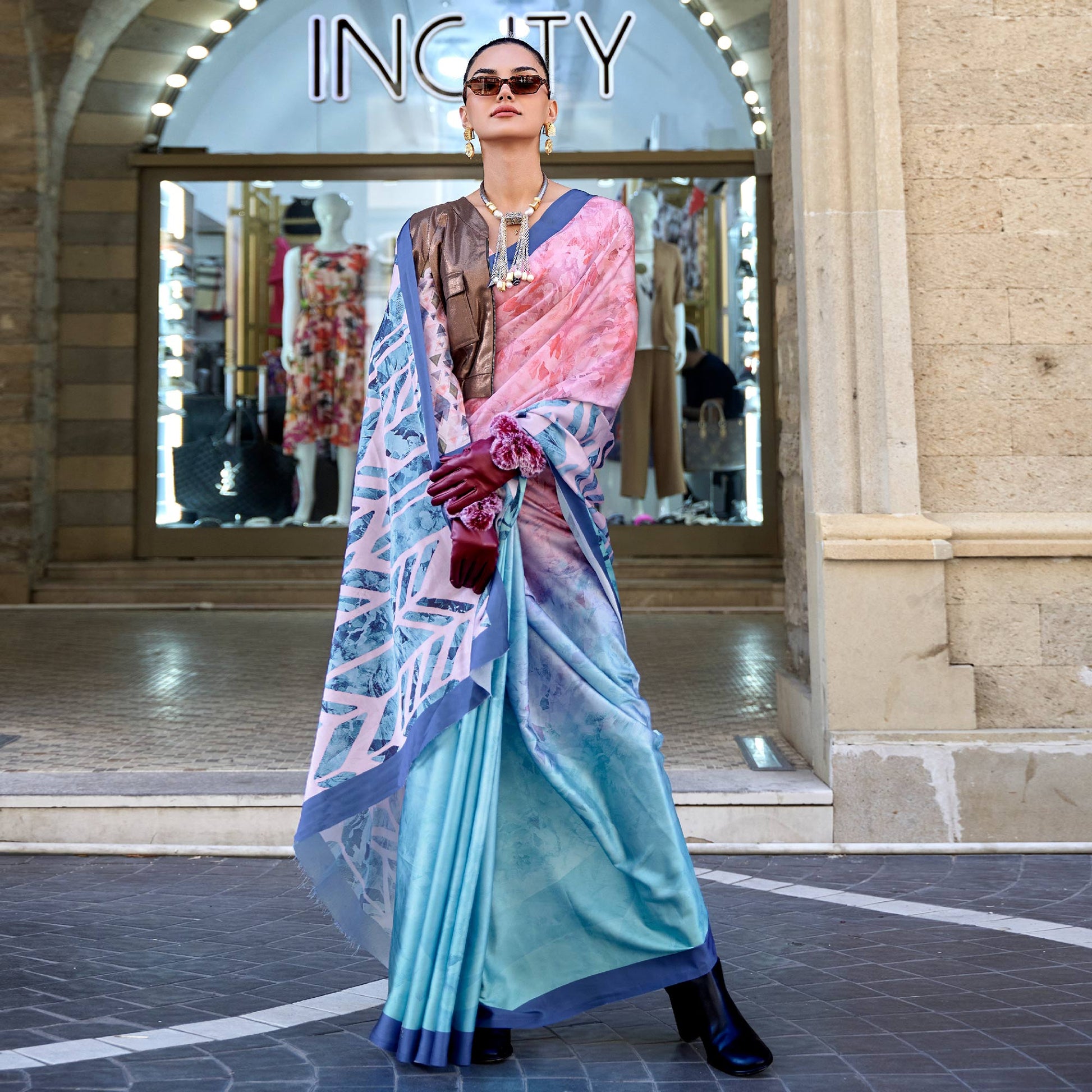 Multicolor Digital Printed Satin Saree