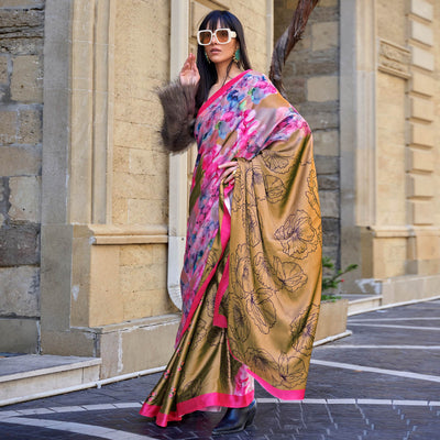 Chikoo Digital Printed Satin Saree