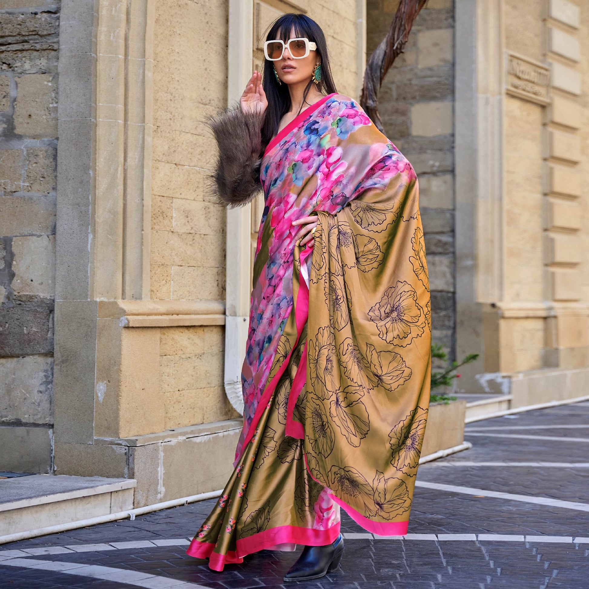 Chikoo Digital Printed Satin Saree