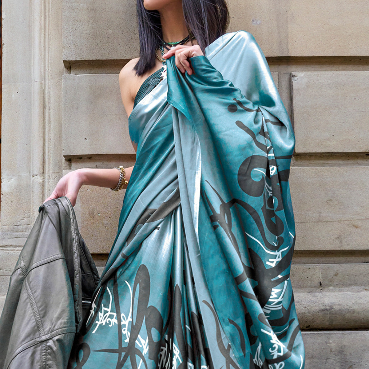 Dark Firozi Printed Satin Saree