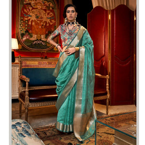 Rama Green Handloom Woven Chiffon Saree