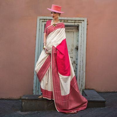 Cream & Red Zari Butti Work Banarasi Silk Saree