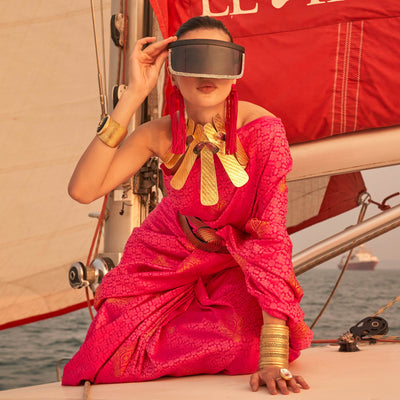 Dark Pink Woven Satin Two Tone Saree