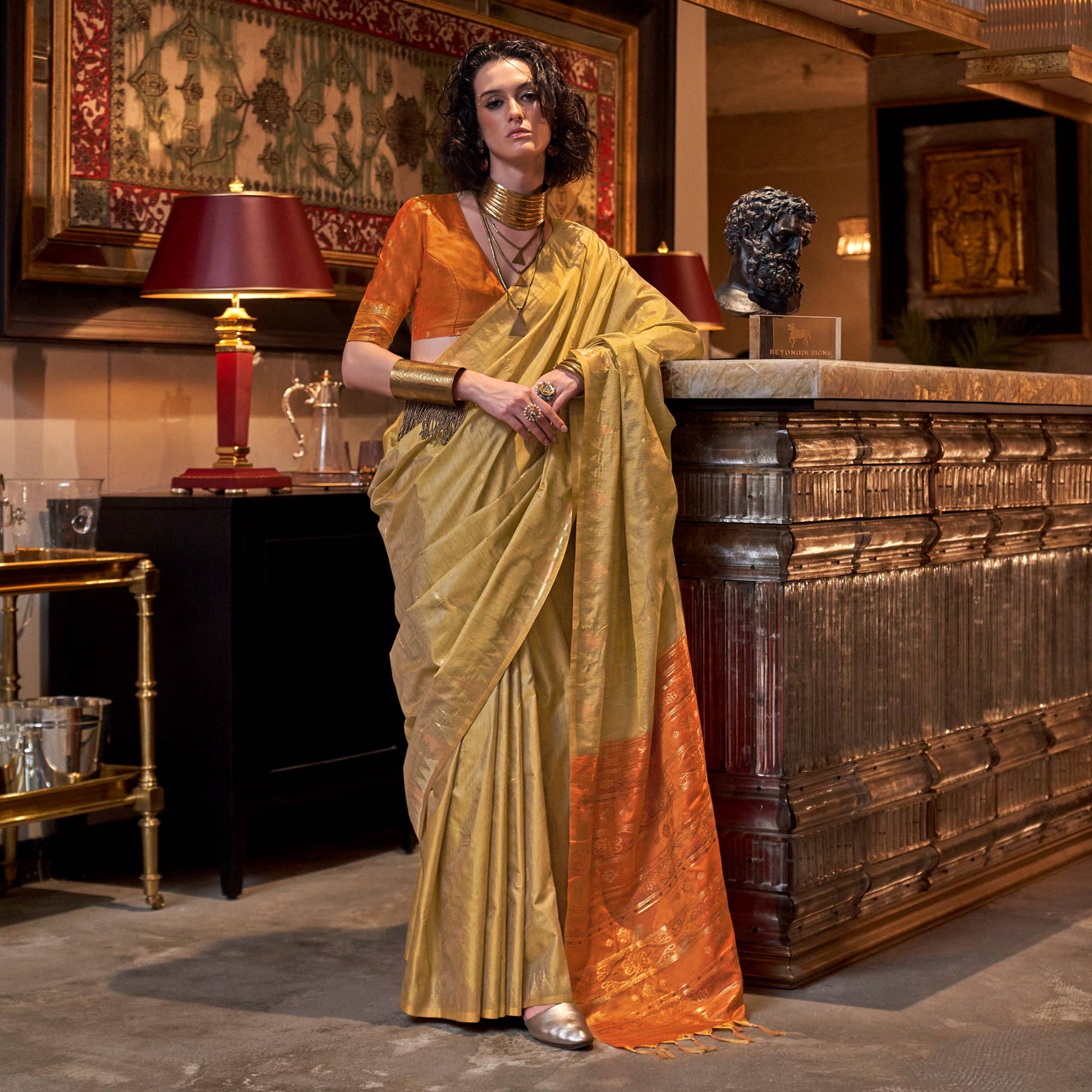 Chikoo Zari Work Woven Tussar Silk Saree With Tassels