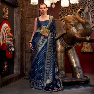 Blue Woven Satin Saree With Tassels