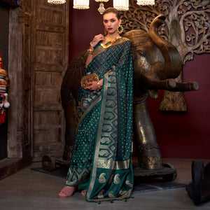 Bottle Green Woven Satin Saree With Tassels