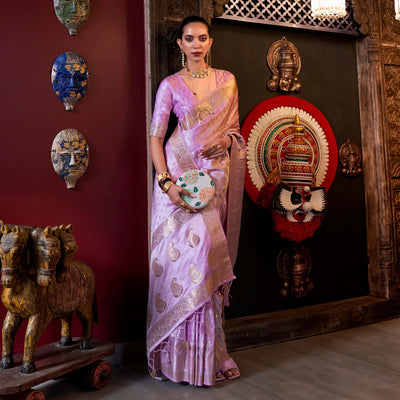 Light Lavender Woven Satin Saree With Tassels