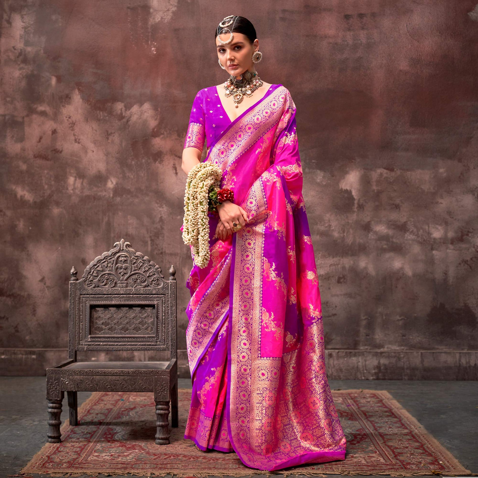 Magenta Floral Woven Art Silk Saree With Tassels