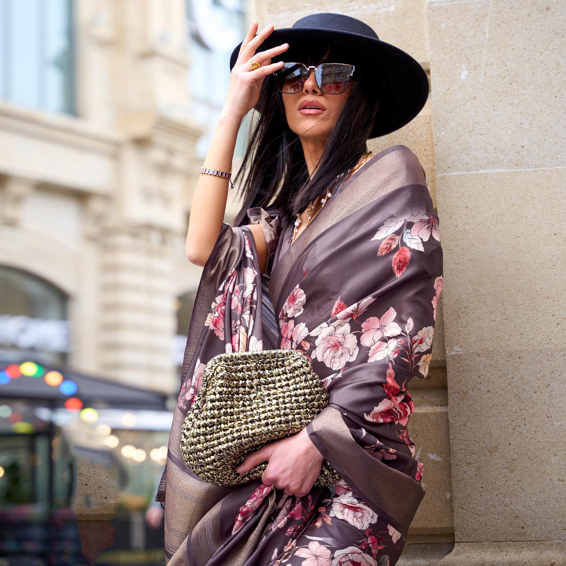 Coffee Brown Digital Printed Satin Saree With Tassels