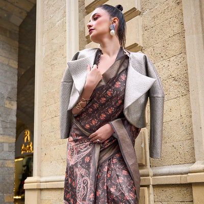 Brown Digital Printed Satin Saree With Tassels