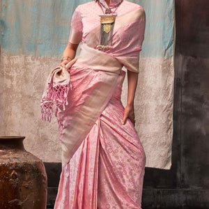 Light Peach Handloom Woven Pure Satin Saree