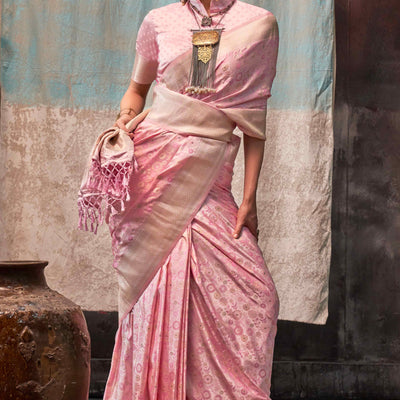 Light Peach Handloom Woven Pure Satin Saree