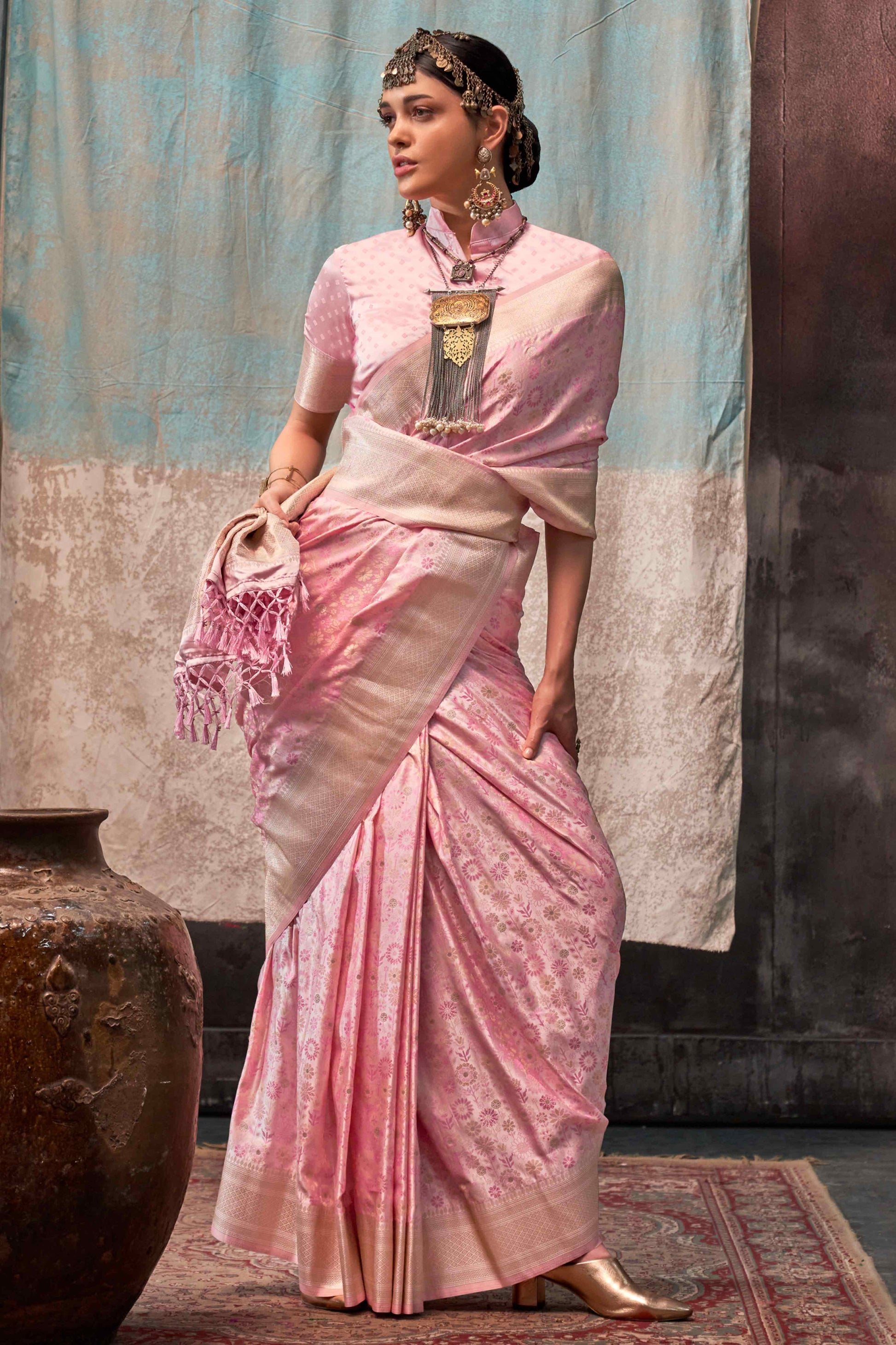 Light Peach Handloom Woven Pure Satin Saree