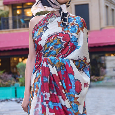 Cream Digital Printed Crepe Saree