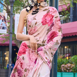 Light Chikoo Digital Printed Crepe Saree