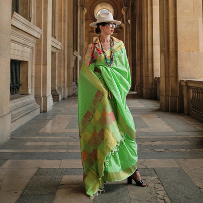 green-floral-woven-art-silk-saree-with-tassels-1