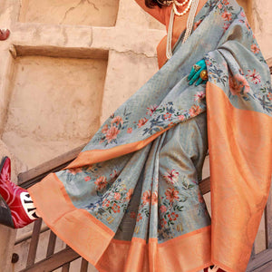 grey-orange-woven-floral-printed-georgette-saree