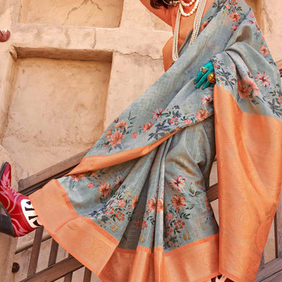 grey-orange-woven-floral-printed-georgette-saree