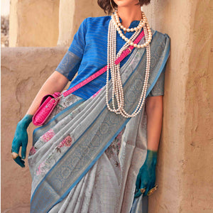 grey-blue-woven-floral-printed-georgette-saree