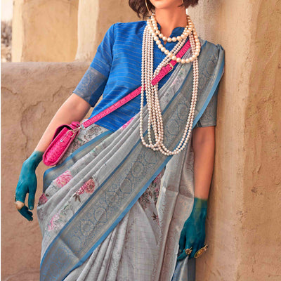 grey-blue-woven-floral-printed-georgette-saree